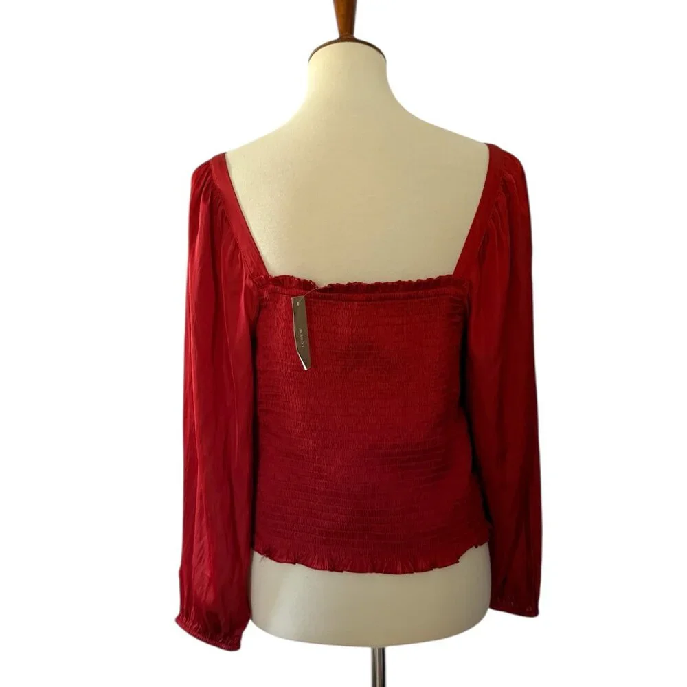 J. Crew Square Neck Smocked Featherweight Satin Top Red Large - Picture 3 of 6